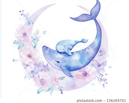 Whale and baby floating in a sea of flowers, a watercolor fantasy illustration. 136269781