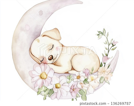Adorable Puppy Sleeping on Moon with Flowers in Cute Artistic Illustration Design 136269787