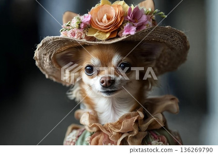 Chihuahua dog portrait with hat, flowers, and colorful accessories in a charming fashion style Chihuahua dog portrait with hat, flowers, and colorful accessories in a charming fashion style 136269790
