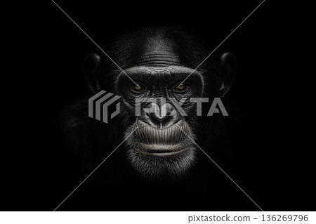 Closeup portrait of a black chimpanzee ape in wildlife, nature's primate expression 136269796