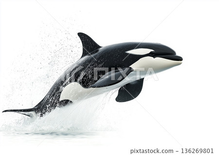 Orca whale jumping in the ocean with marine wildlife and sea animals splashing water 136269801