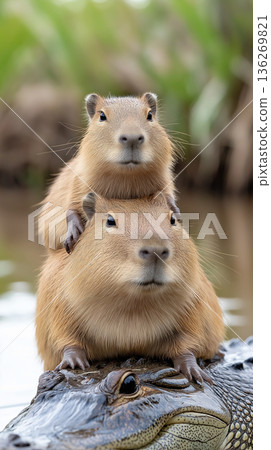 Capybara and alligator in wildlife nature by a river, showcasing brown animal and water scenery Capybara and alligator in wildlife nature by a river, showcasing brown animal and water scenery 136269821