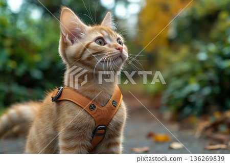 Adorable ginger kitten wearing harness outside in nature setting with autumn foliage Adorable ginger kitten wearing harness outside in nature setting with autumn foliage 136269839