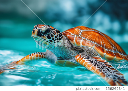Turtle swimming in ocean showcasing vivid colors and patterns in marine wildlife photography 136269841