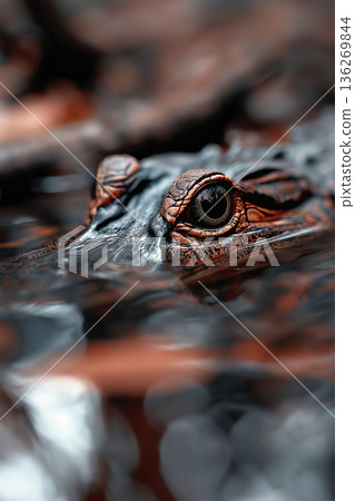 Alligator Reptile Closeup in the Wild with Eye in Water and Nature Reflection 136269844
