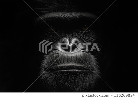 Chimpanzee portrait in shadow with intense eyes showcasing wildlife and nature beauty Chimpanzee portrait in shadow with intense eyes showcasing wildlife and nature beauty 136269854