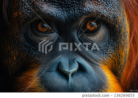 Primate portrait showcasing orange texture and wildlife closeup with expressive eyes and fur detail Primate portrait showcasing orange texture and wildlife closeup with expressive eyes and fur detail 136269855