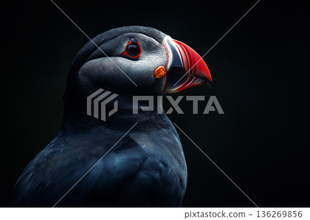 Puffin bird wildlife portrait in nature photography with beak and ocean colors 136269856