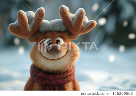Joyful cartoon reindeer with antlers in a snow-covered winter forest, smiling and cute. Joyful cartoon reindeer with antlers in a snow-covered winter forest, smiling and cute. 136269868