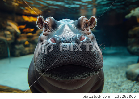 Majestic Hippopotamus in Aquatic Wildlife Habitat at the Zoo with Serene Natural Environment Majestic Hippopotamus in Aquatic Wildlife Habitat at the Zoo with Serene Natural Environment 136269869