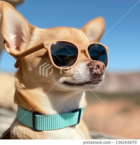 Chihuahua dog with sunglasses enjoying the outdoors in a stunning landscape, fashion summer look Chihuahua dog with sunglasses enjoying the outdoors in a stunning landscape, fashion summer look 136269870