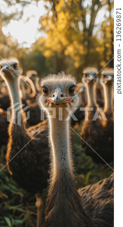Ostrich group in the forest showcasing wildlife, nature, and sunlight amidst trees Ostrich group in the forest showcasing wildlife, nature, and sunlight amidst trees 136269871