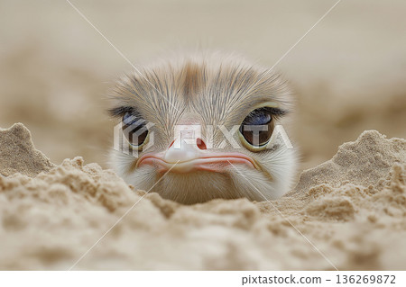 Curious ostrich peeking from sand in desert wildlife closeup with distinctive features 136269872