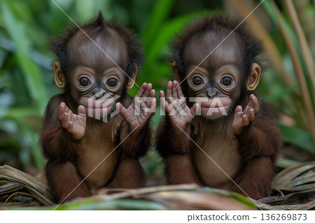 Cute twin baby orangutans in their natural jungle habitat with playful expressions 136269873