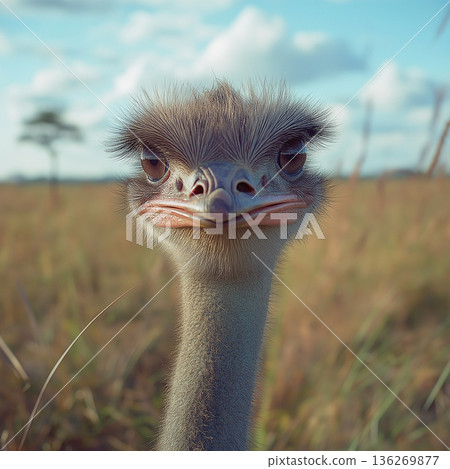 Ostrich bird in wildlife safari: feathers, neck, eyes, beak in natural habitat portrait 136269877