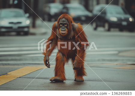 Orangutan crossing urban street at crosswalk, showcasing primate wildlife in an unusual setting Orangutan crossing urban street at crosswalk, showcasing primate wildlife in an unusual setting 136269883