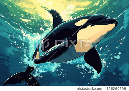 Orca swimming in the ocean: wildlife, marine animal in water and nature scene 136269896