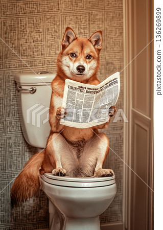 ShibaInu dog on toilet reading newspaper in bathroom, adorable and funny pet scene ShibaInu dog on toilet reading newspaper in bathroom, adorable and funny pet scene 136269899