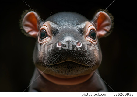 Adorable baby hippopotamus close-up in the wild showcasing its cute features Adorable baby hippopotamus close-up in the wild showcasing its cute features 136269933