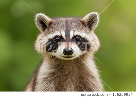 Curious raccoon in nature with fur, eyes, and mask in the lush forest wilderness Curious raccoon in nature with fur, eyes, and mask in the lush forest wilderness 136269934