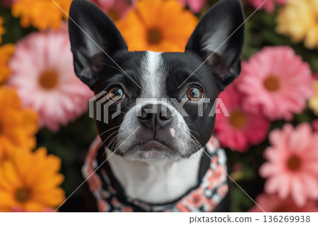Adorable Boston Terrier Dog Portrait with Vibrant Flowers and Cute Floral Background 136269938