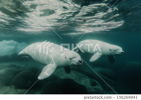 Beluga whale swimming in the arctic ocean, an underwater wildlife scene Beluga whale swimming in the arctic ocean, an underwater wildlife scene 136269941