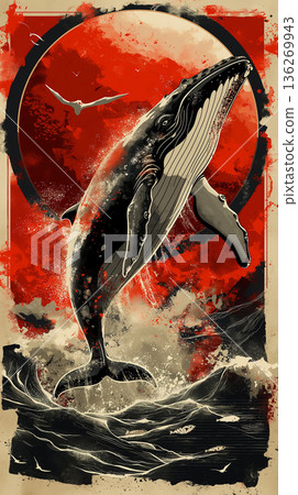 Whale jumping in ocean artwork depicting wildlife and marine life illustration. Whale jumping in ocean artwork depicting wildlife and marine life illustration. 136269943