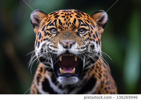 Jaguar in wildlife habitat showcasing fierce nature and spotted fur in the jungle Jaguar in wildlife habitat showcasing fierce nature and spotted fur in the jungle 136269946