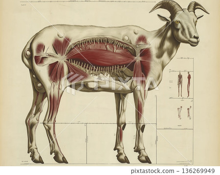 Anatomy Illustration of Goat Muscles and Skeletal Structure in Veterinary Science Diagram 136269949