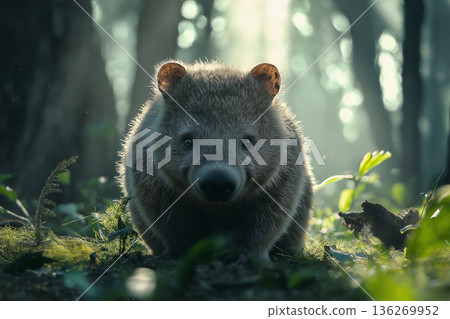 Wombat under sunlight in forest, wildlife mammal in natural woodland setting 136269952