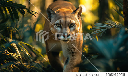 Cougar in the jungle: wildlife puma, predator in nature, forest big cat, animal and feline beauty 136269956