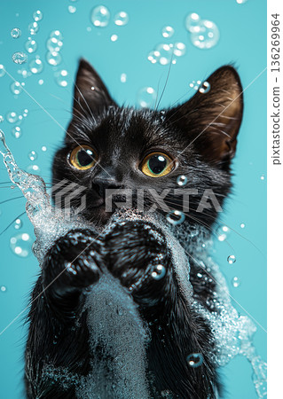 Playful cat with bubbles, water, fur, and whiskers in a black adorable animal setting Playful cat with bubbles, water, fur, and whiskers in a black adorable animal setting 136269964