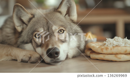 Husky dog with fur, eyes, nose, and ears gazing beside bread indoors. 136269969