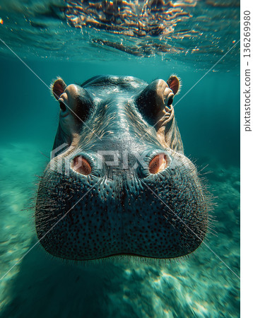 Hippopotamus underwater in wildlife habitat, closeup portrait with blue aquatic surroundings 136269980