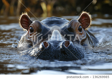 Hippopotamus swimming in water with eyes and ears visible, a majestic wildlife closeup Hippopotamus swimming in water with eyes and ears visible, a majestic wildlife closeup 136269985