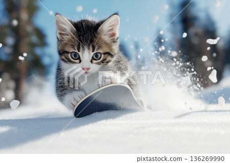Playful tabby kitten on snowboard enjoying a fun winter adventure outdoors Playful tabby kitten on snowboard enjoying a fun winter adventure outdoors 136269990