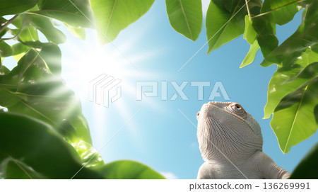 Lizard basking in sunlight among lush green leaves in tropical nature landscape Lizard basking in sunlight among lush green leaves in tropical nature landscape 136269991