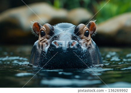 Hippopotamus eyes in water, showcasing wildlife, nature, and zoo adventure in natural habitat Hippopotamus eyes in water, showcasing wildlife, nature, and zoo adventure in natural habitat 136269992
