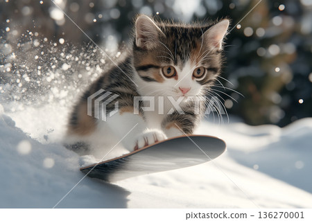 Tabby snowboarding kitten enjoying winter outdoors with playful fun and adorable energy Tabby snowboarding kitten enjoying winter outdoors with playful fun and adorable energy 136270001
