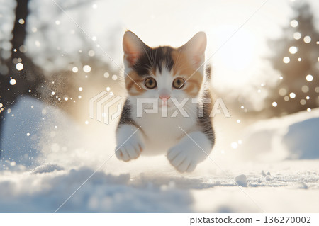 Kitten cat pet feline playful adorable snow winter cute outdoors animal furry fluffy nature 136270002
