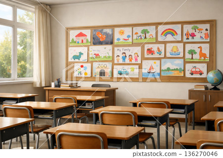 一間明亮的教室，裝飾著孩子們的畫作。 136270046