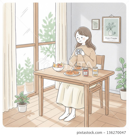 一幅柔和的插畫,描繪了一位女士在窗邊的桌旁享用早餐和咖啡的場景。 一幅柔和的插畫,描繪了一位女士在窗邊的桌旁享用早餐和咖啡的場景。 136270047