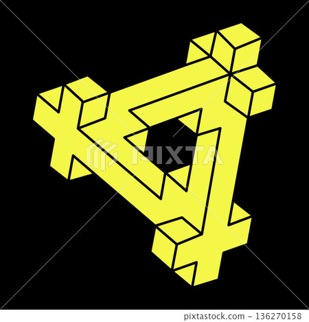 Optical illusion. Abstract eternal geometric objects. Impossible endless outline shapes. Optical art. Impossible geometry shape on a black background. Escher paradox. Optical illusion. Abstract eternal geometric objects. Impossible endless outline shapes. Optical art. Impossible geometry shape on a black background. Escher paradox. 136270158