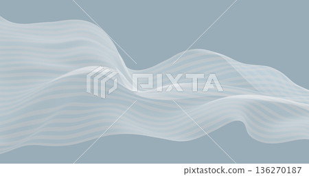 Striped sheer fabric flowing in the wind isolated on blue pastel background summer cloth 3D render 136270187