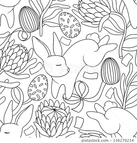 Easter pattern with cute vector Easter bunnies, flowers, bows, and ribbons. Coloring page. 136270234