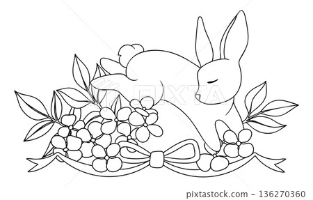 Easter composition with a cute vector Easter bunny, bows, and flowers. Coloring page. 136270360