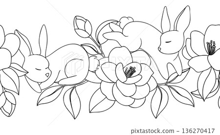 Easter seamless frame with cute vector Easter bunnies and flowers. Coloring page. Easter seamless frame with cute vector Easter bunnies and flowers. Coloring page. 136270417