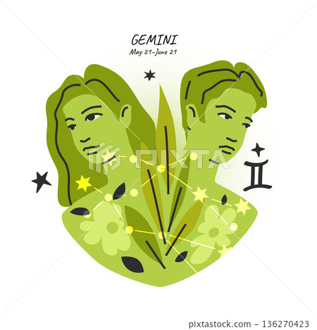 GEMINI horoscope character. Celestial element or zodiac sign. Bright modern hand drawn vector 136270423