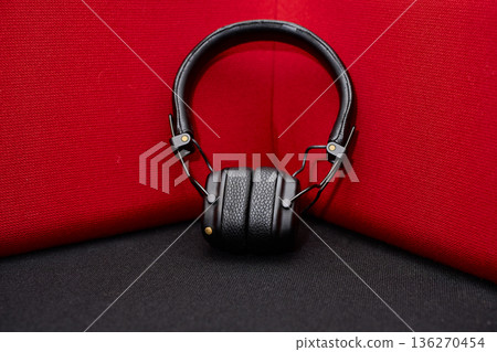 Modern Headphones on Red Background Modern Headphones on Red Background 136270454