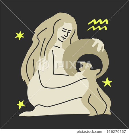 Aquarius sodiac sign. Vector. Unique modern astrological symbol isolated on black bg 136270567